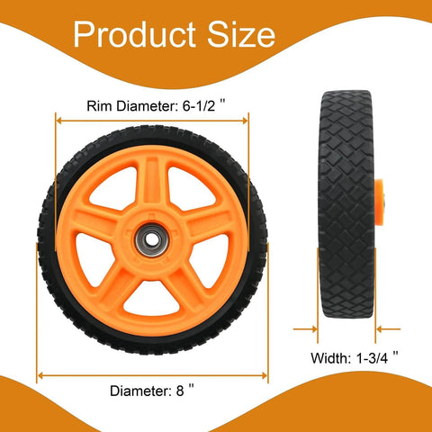 Product dimensions of 8 Inch Lawn Mower Wheels for Push Mowers, Plastic PU Wheels with Bolts & Nuts, 8x1-3/4 Size, side and front view.