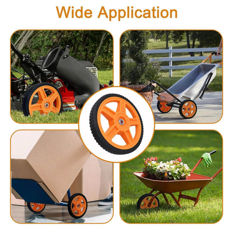 8 Inch Lawn Mower Wheels for Push Mowers, Plastic PU Wheels with Bolts & Nuts shown on various outdoor equipment