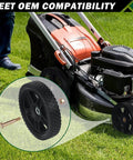 8 Inch Lawn Mower Wheels 2 Pack with Bolts and Lock Nuts shown next to a push mower on grass, highlighting replacement compatibility