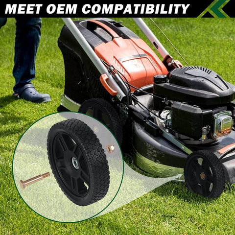 8 Inch Lawn Mower Wheels 2 Pack with Bolts and Lock Nuts shown next to a push mower on grass, highlighting replacement compatibility