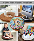 Collage of Lazy Susan applications in home, including kitchen, office, and art uses on wood or marble surfaces with swivel plate.