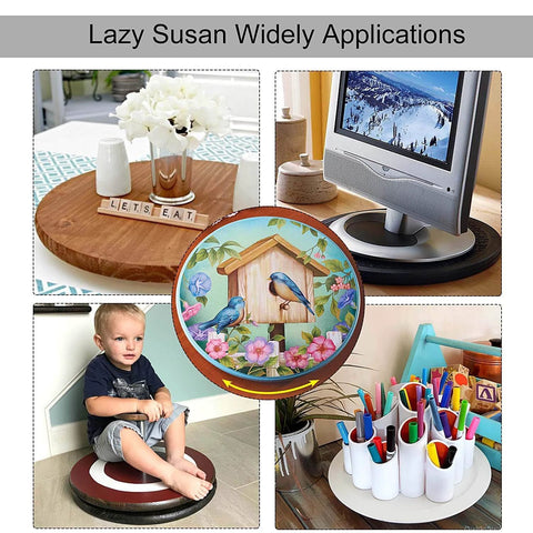 Collage of Lazy Susan applications in home, including kitchen, office, and art uses on wood or marble surfaces with swivel plate.