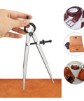 Hand holding 8 Inch Adjustable Leather Compass And 8 Inch Steel Ruler Drafting Set for leather work, woodworking, and metalworking.