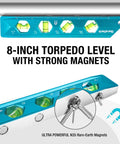 High Visibility 8 Inch Magnetic Torpedo Level With Four Bubbles 0 Degree 30 Degree 45 Degree And 90 Degree V Groove Large Viewing Window Aluminum Alloy Body Hanging Hole SAE And Metric Scale For DIYers And Home Projects Duratech