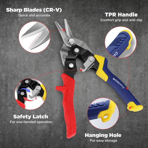 8 Inch Aviation Snips Straight Cut Heavy Duty Metal Cutter With Safety Lock Non Slip Handle CRV Steel, detailed features view