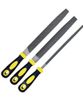 8 Inch 3 Piece Metal File Set With Flat Round And Half Round Files In High Carbon Steel For Metalworking Woodworking Jewelry Making Plastics Shaping Ceramic And Glass Smoothing Durable 8 Inch Files For Precise Material Finishing And Shaping, showing three files with yellow and black handles on a white background.