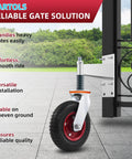 8 Inch Gate Wheel For Metal Tube Gates With 600Lb Capacity Heavy Duty Gate Caster Featuring 360 Degree Rotation And Spring Loaded Design Includes Screws And Screwdriver For Durable Fence Gate Mobility And Smooth Operation attached to gate post.