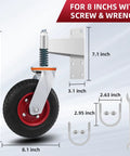 8 Inch Gate Wheel For Metal Tube Gates With 600Lb Capacity Heavy Duty Gate Caster Featuring 360 Degree Rotation And Spring Loaded Design Includes Screws And Screwdriver For Durable Fence Gate Mobility And Smooth Operation with measurements, U-bolts, and wrench