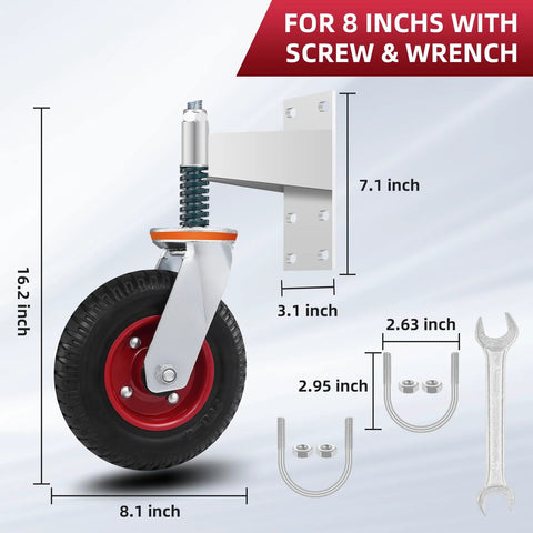 8 Inch Gate Wheel For Metal Tube Gates With 600Lb Capacity Heavy Duty Gate Caster Featuring 360 Degree Rotation And Spring Loaded Design Includes Screws And Screwdriver For Durable Fence Gate Mobility And Smooth Operation with measurements, U-bolts, and wrench