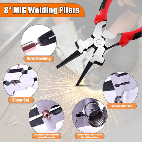Close-up of 8 Inch MIG Welding Pliers from Complete Welding Accessories Tools Kit For Beginners with detail callouts.