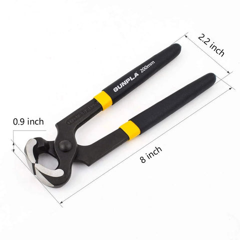 8 Inch Nail Puller And Pliers For Carpentry And DIY Tasks With 24 Millimeter Jaw Clearance And Sharp Knife And Anvil Edges For Flush Cuts Up To One Point Two Millimeter Ideal For Nail Pulling Wire Cutting And Flooring Installations, shown front view with dimensions. Black and yellow handles.