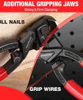 Image showing 8 Inch Nail Puller Pliers With High Leverage End Cutting Jaws Ergonomic Handles And Durable CR V Steel Construction in use pulling nails and gripping wires.