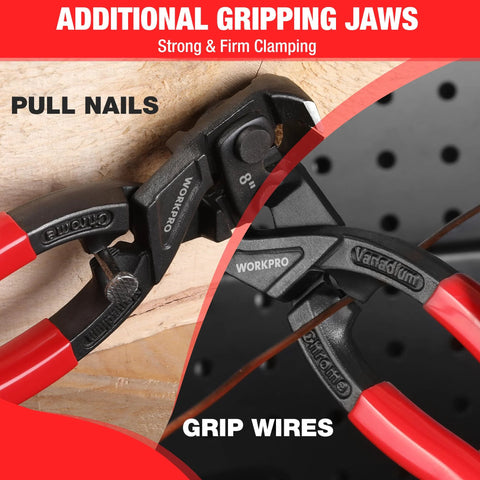 Image showing 8 Inch Nail Puller Pliers With High Leverage End Cutting Jaws Ergonomic Handles And Durable CR V Steel Construction in use pulling nails and gripping wires.