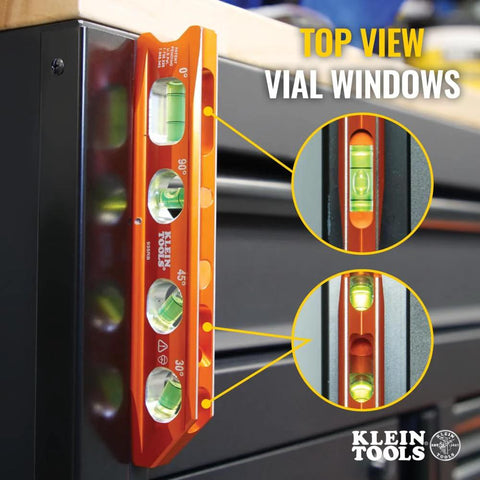 8 Inch Billet Magnetic Torpedo Level With V Groove for Precise 0 30 45 90 Degree Readings, orange body, side view on metal surface