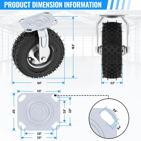 8 inch pneumatic caster wheels set of 4 with heavy duty rubber knobby tread dimension illustration