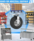 8 inch pneumatic caster wheels set of 4 with heavy duty rubber knobby tread, including 2 swivel casters and 2 rigid casters on carts.