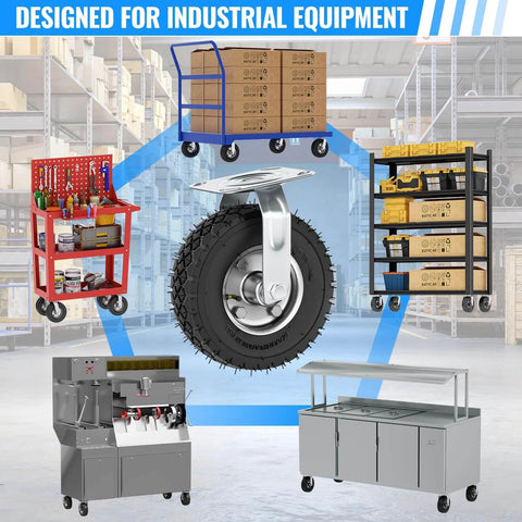 8 inch pneumatic caster wheels set of 4 with heavy duty rubber knobby tread, including 2 swivel casters and 2 rigid casters on carts.
