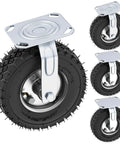 8 inch pneumatic caster wheels set of 4 with heavy duty rubber knobby tread, showing swivel and rigid casters.