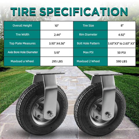 Two 8-inch pneumatic rigid caster wheels with zinc top plate and tire specifications for carts and workbenches