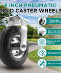 8 inch pneumatic rigid caster wheel with zinc top plate, shown in outdoor setting, highlighting features like durability and capacity.