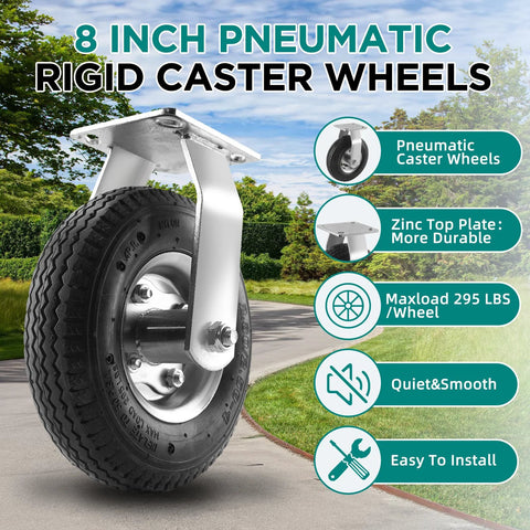 8 inch pneumatic rigid caster wheel with zinc top plate, shown in outdoor setting, highlighting features like durability and capacity.