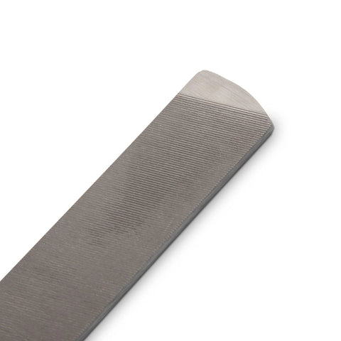 Close-up of 8 Inch Rectangular Axe File with Double Cut Roughing Side and Single Cut Finishing Edge for fast sharpening of axes and garden tools.