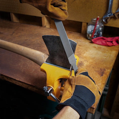 Using 8 Inch Rectangular Axe File With Double Cut Roughing Side And Single Cut Finishing Edge For Fast Sharpening Of Axes