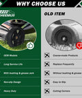 Comparison of new 8 Inch Lawn Mower Wheels 2 Pack with Bolts and Lock Nuts versus old wheels, highlighting durability and design.