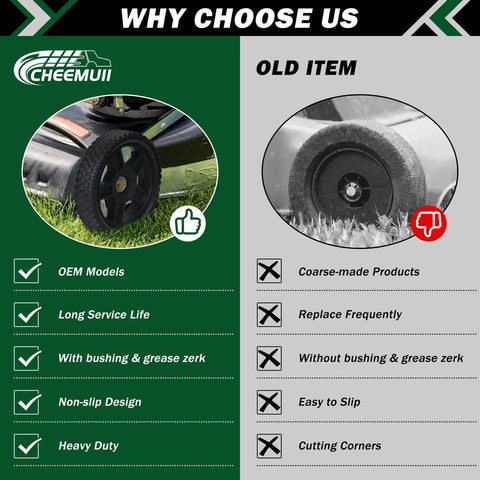 Comparison of new 8 Inch Lawn Mower Wheels 2 Pack with Bolts and Lock Nuts versus old wheels, highlighting durability and design.