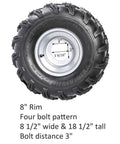 Go kart tire with 8" rim and four-bolt pattern, dimensions 8.5" wide and 18.5" tall, for 1" Steel Live Axle with 18x9.5-8 Tubeless Wheels Tires