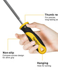 Hand holding 8 inch round metal file crafted from T12 carbon steel with 62-66 HRC, non-slip grip, thumb rest, deeply quenched