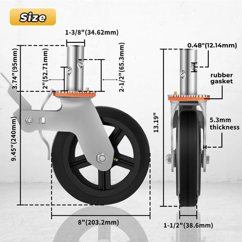 8 Inch Wheel Scaffolding Caster With Round Stem One And Three Eighths Inch Dual Locking Brakes 1100 Pounds Capacity Per Wheel