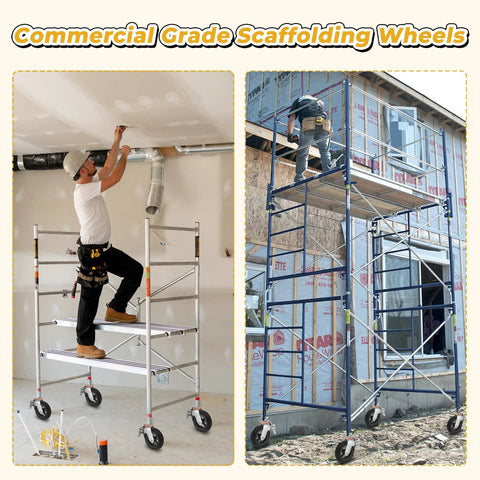Workers using scaffolds with 8 Inch Wheel Scaffolding Caster With Round Stem One And Three Eighths Inch Dual Locking Brakes 1100 Pounds Capacity