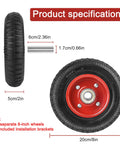 8 Inch Flat Free Solid Rubber Caster Wheel Assemblies For All Terrain Carts And Wagons front and side view, dimensions listed