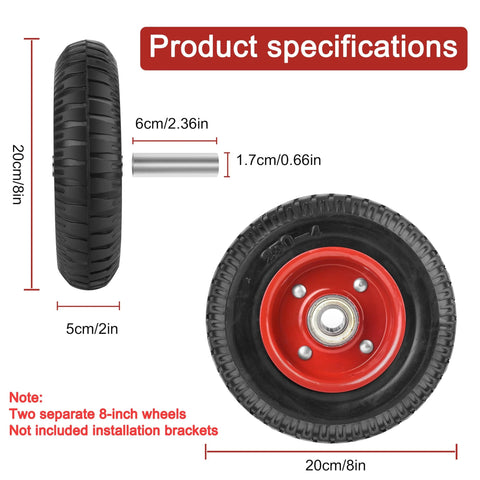 8 Inch Flat Free Solid Rubber Caster Wheel Assemblies For All Terrain Carts And Wagons front and side view, dimensions listed