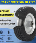 8-inch flat-free tire, 2.50-4 solid tire and wheel, 5/8" bearings, 2.2" offset hub, cutaway view, heavy-duty polyurethane tire
