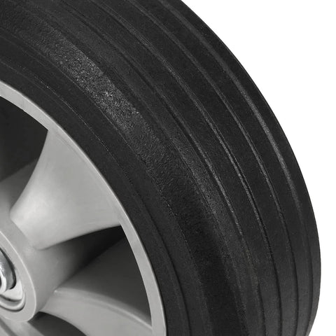 Close-up of 2 pack 8 inch solid rubber replacement wheels with plastic hub, ideal for hand truck and carts, flat free with 5/8" axle.