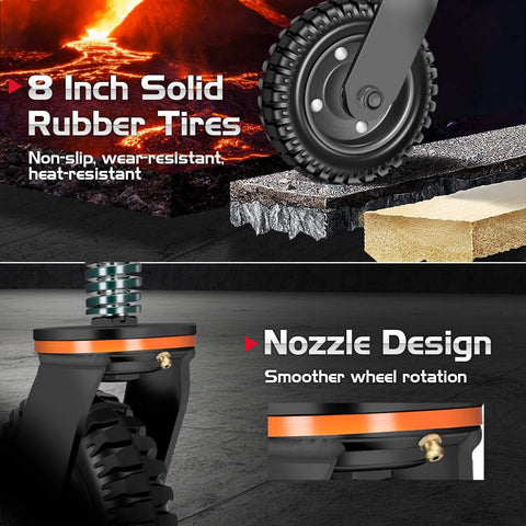 8 inch heavy duty fence gate wheel with spring loaded caster, showcasing solid rubber tires and nozzle design for smoother rotation.