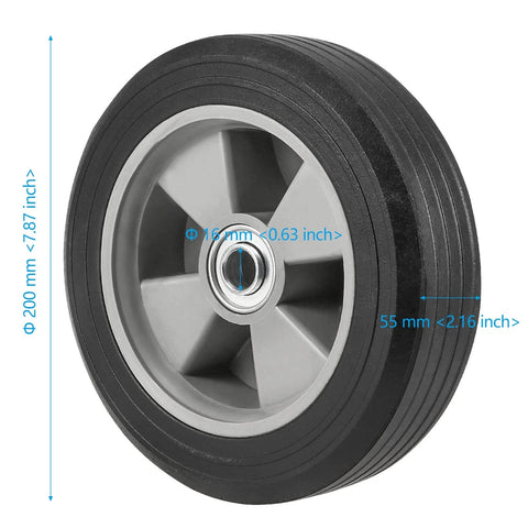 ✝️ 2 pack 8 inch solid rubber replacement wheels, flat free hand truck tires with 5/8" axle, close-up of one wheel showing dimensions.