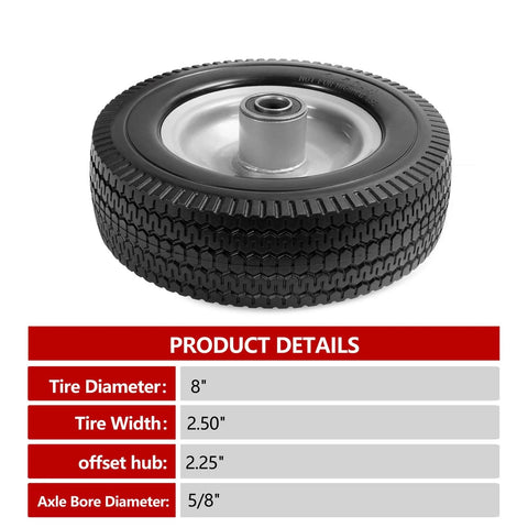 8-inch solid tire replacement - 2.50-4 flat free tire for gorilla carts, yard tractors, 5/8 bearings, 2.25 offset hub detailed view