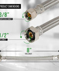8 Inch Stainless Steel Faucet Connector Braided Brass Nuts One Half Inch IPS To Three Eighths Inch Female Thread Compression Fitting Chrome Plated Lead Free Pack Of 2 Leak Resistant Easy Install For Toilet And Sink product dimensions