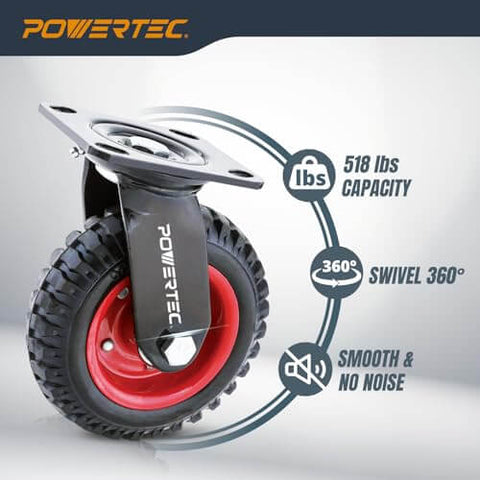8 inch caster wheels set of 2 with heavy duty all-terrain design, knobby rubber tread casters including 1 swivel and 1 fixed wheel, close-up view.