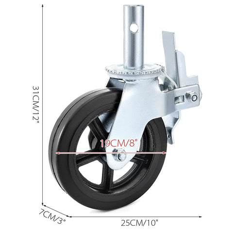 8 inch caster wheel, metal frame and rubber tire with dual locking, 4 Pack Scaffolding Caster Wheels 8 Inch By 2 Inch Dual Locking Rubber Swivel Casters 360 Degree Heavy Duty 1100 Lbs Capacity Per Wheel Ideal For Portable Scaffolds Construction And Workshop Benches Non Marking Quiet Rolling