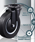 8 Inch Heavy Duty Caster Wheels Set Of 4 With 2 Swivel And 2 Fixed Industrial Rubber Casters 3200 Lbs Capacity For Utility Carts Workbenches Warehouse Equipment Trucks And Dolly Includes Mounting Hardware close-up view of swivel caster wheel on a metal surface