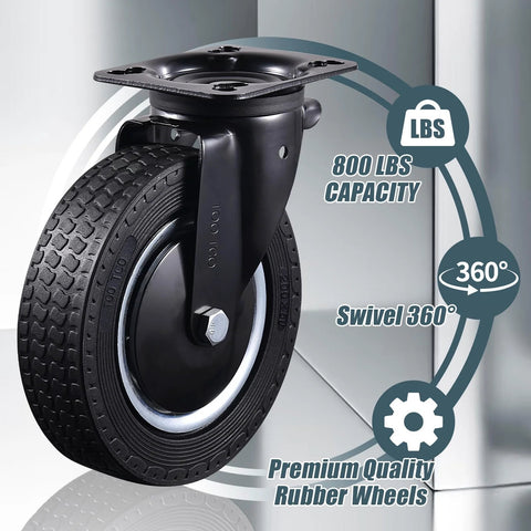 8 Inch Heavy Duty Caster Wheels Set Of 4 With 2 Swivel And 2 Fixed Industrial Rubber Casters 3200 Lbs Capacity For Utility Carts Workbenches Warehouse Equipment Trucks And Dolly Includes Mounting Hardware close-up view of swivel caster wheel on a metal surface