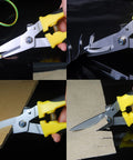 8 Inch Heavy Duty Aviation Tin Snips With Stainless Steel Blade cutting wires, metal, cardboard, and thin iron, serrated edge view.