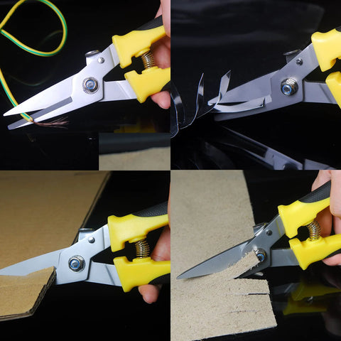 8 Inch Heavy Duty Aviation Tin Snips With Stainless Steel Blade cutting wires, metal, cardboard, and thin iron, serrated edge view.