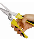 Hand holding 8 Inch Heavy Duty Aviation Tin Snips With Stainless Steel Blade And Comfort Grips For Straight Cutting Of Branches Wires