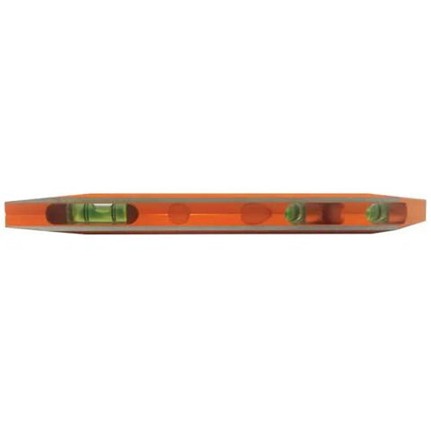 Side view of 8 Inch Billet Magnetic Torpedo Level With V Groove For Precise 0 30 45 90 Degree Readings Tapered Nose High Visibility Orange Body