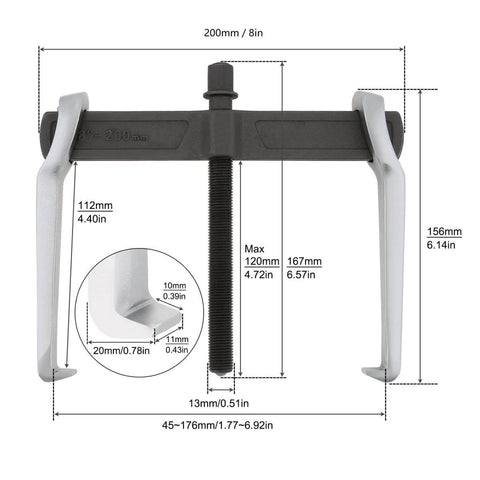Heavy Duty 8 Inch Two Jaw Gear Puller With Reversible Claws For Internal And External Bearing And Pulley Removal